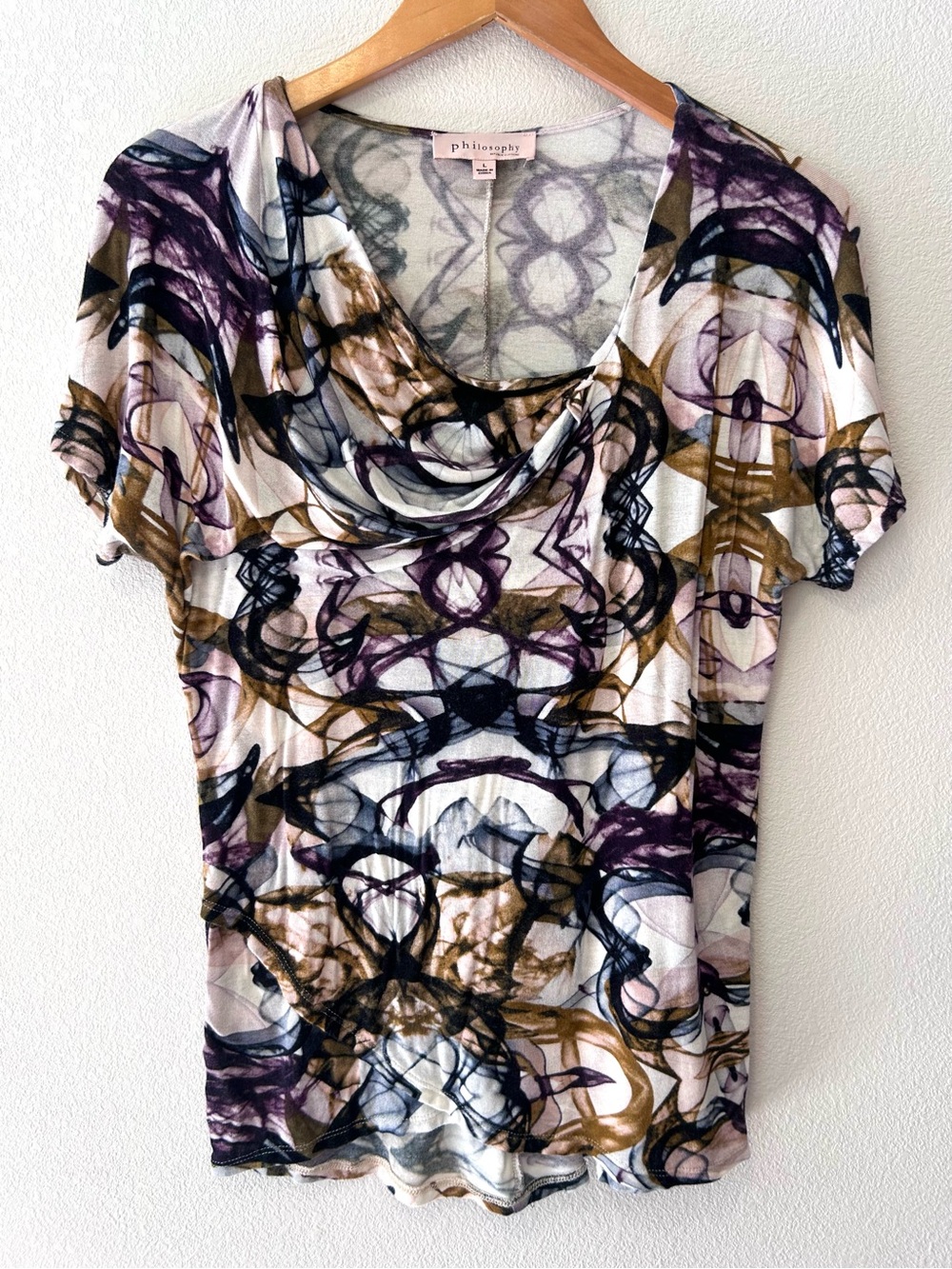 Philosophy Abstract Print Layered Drap Neck Stretch Knit Top Size L